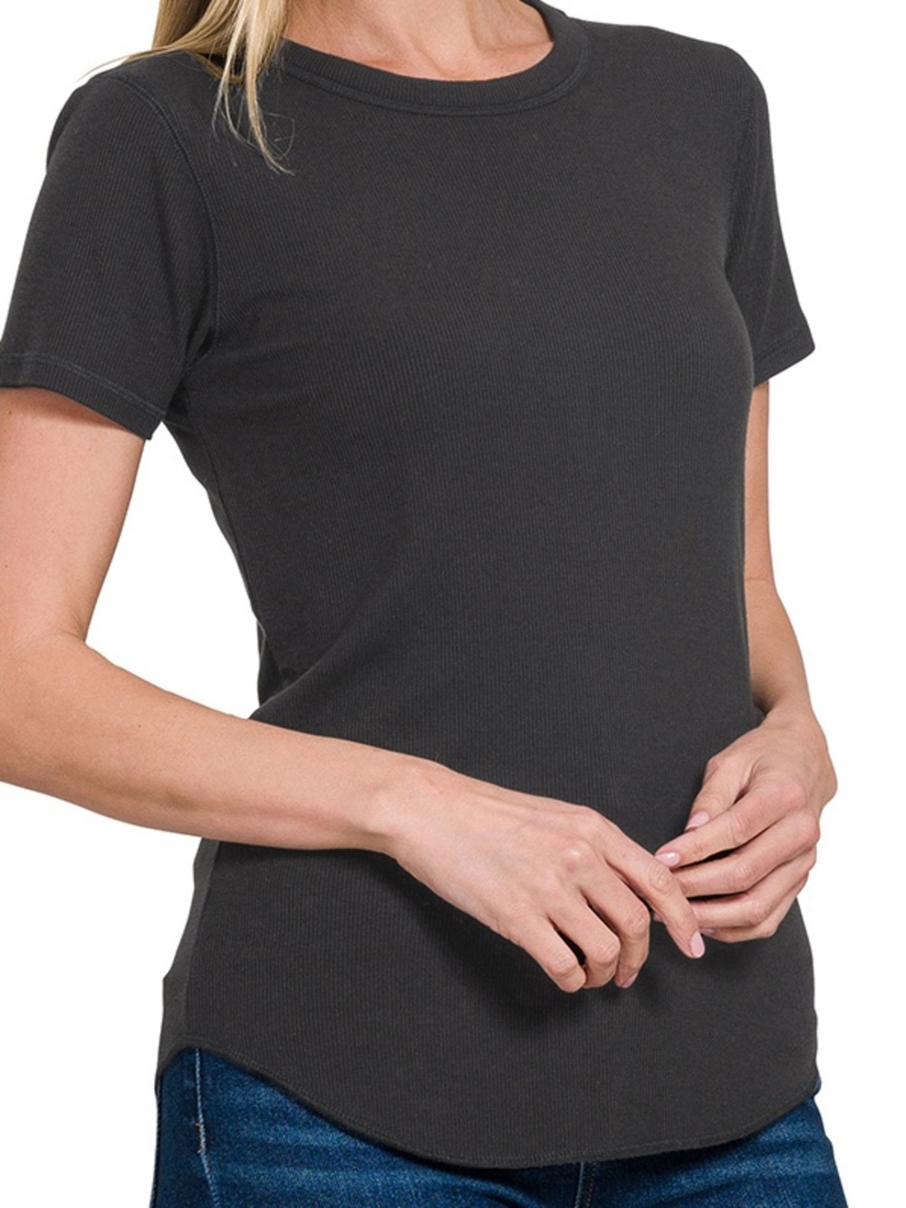 “Everyday Rib Tee “ Soft Rayon Rib | Black & Sand Beige - Picture 5 of 7